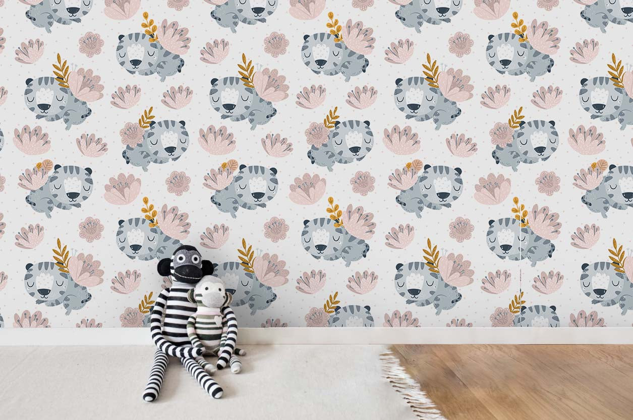 3D Cartoon Tiger Floral Wall Mural Wallpaper Sf49