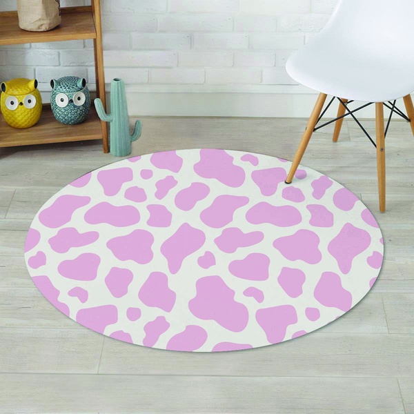 Pink White Cow Print Round Rug
