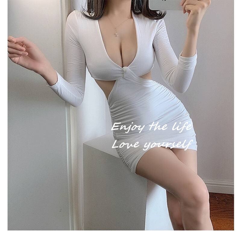 Autumn New Hollow Sheath Niche Sexy DeepVCollar Midriff Outfit Irregular Pleated Basic Style Bottoming Long Sleeve Dress Women alx