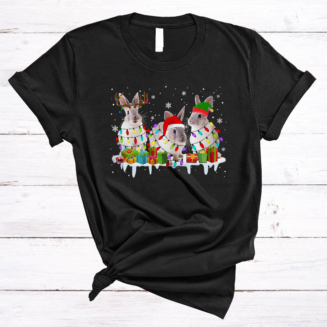 Santa Reindeer Elf Bunny Funny Christmas Lights Bunny Rabbit Lover Gifts T-Shirt