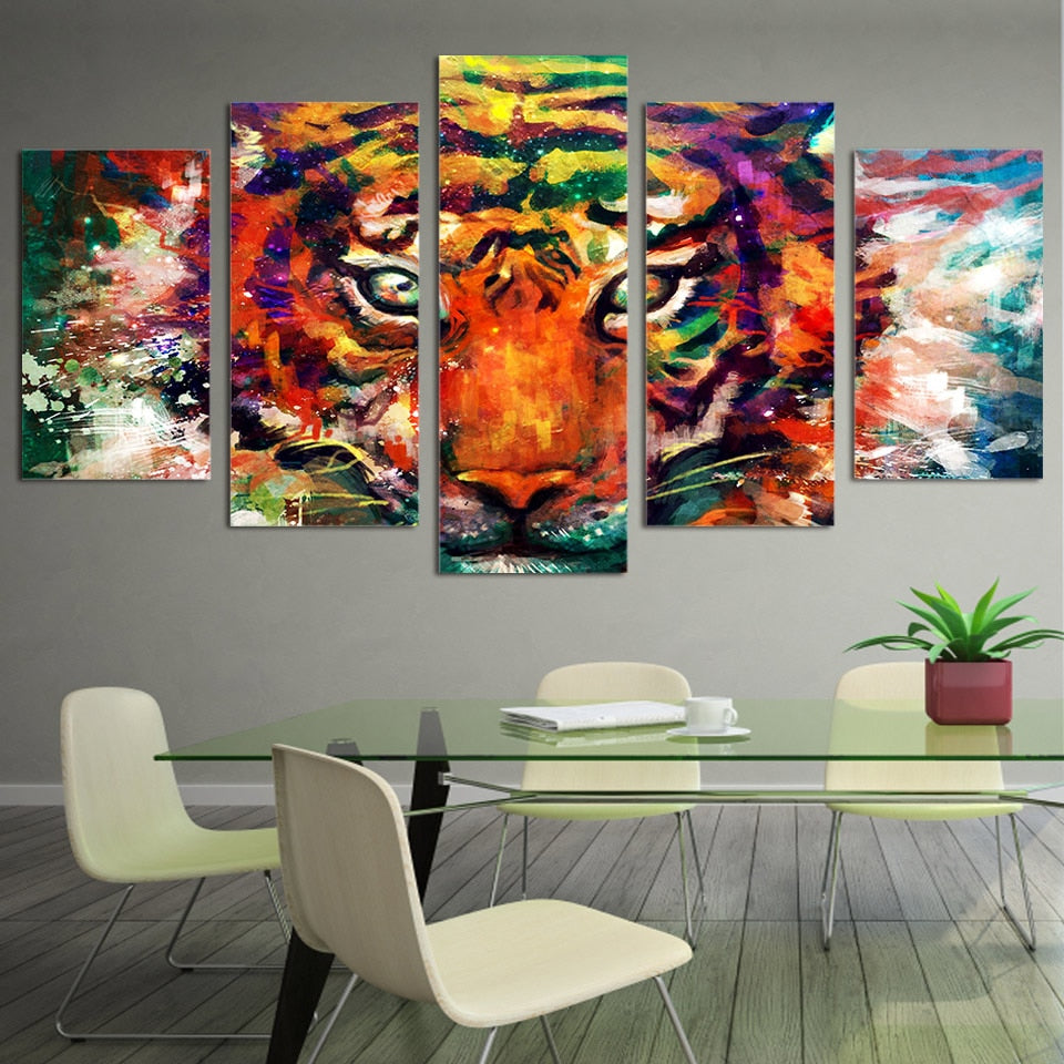 5-Piece Multi-Color Abstract Tiger Face Canvas Wall Art