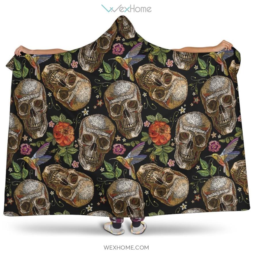 Skull Rose Humming Bird Flower Pattern Hooded Blanket