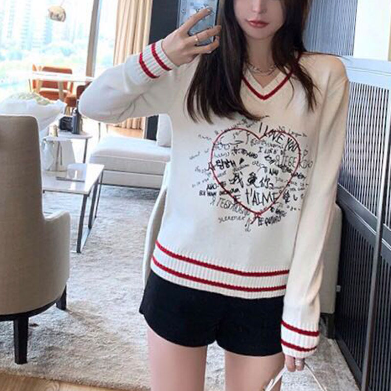 Autumn winter women sweater pullovers sexy v neck sweet love embroidered casual striped letter long sleeve knit jumper tops ropa alx