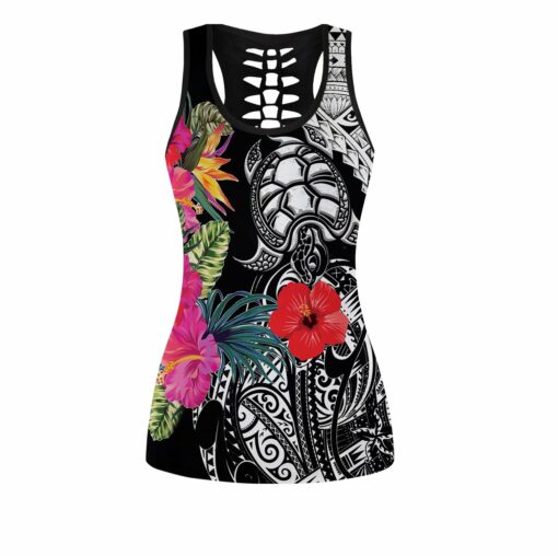 Polynesian Sea Turtle Tattoo And Hibiscus 3D Sea Turtle Women Hollow Tanktop And Legging For Turtle Lovers, Gift For Her Gift For Turtle Lover Friend Tanktop And Legging, Animal Lovers