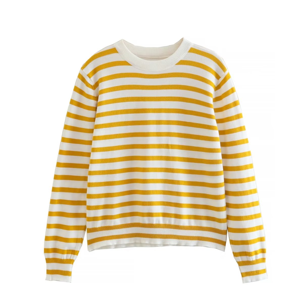 Zevity Women Fashion Color Matching Yellow Striped Print Knitting Sweater Female Basic Long Sleeve Chic Leisure Tops CT2204 alx