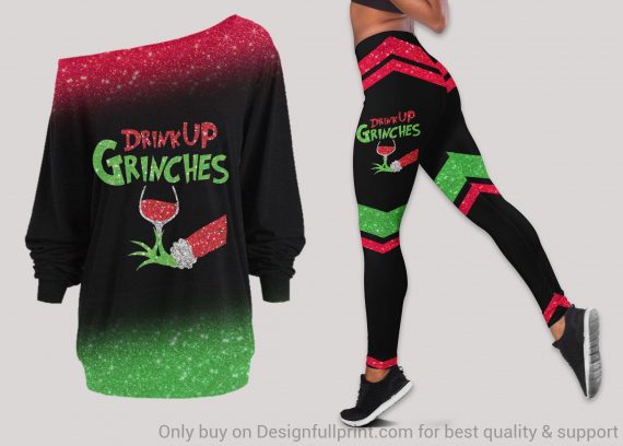 Drink Up Wine Xmas Christmas Off Shoulder Long Sleeves Top And Leggings Set Grinche