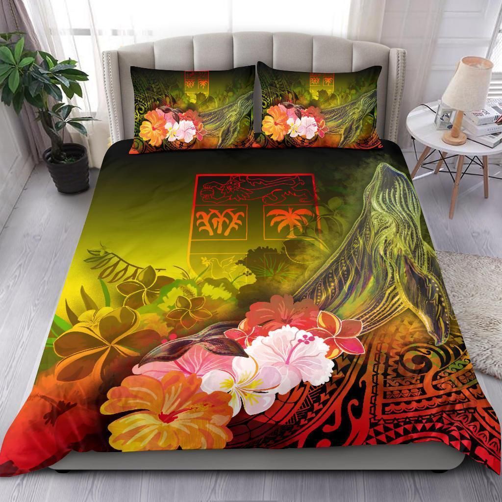 Alohawaii Bedding Set – Cover And Pillow Cases Fiji – Humpback Whale With Tropical Flowers (Yellow)- Bn18