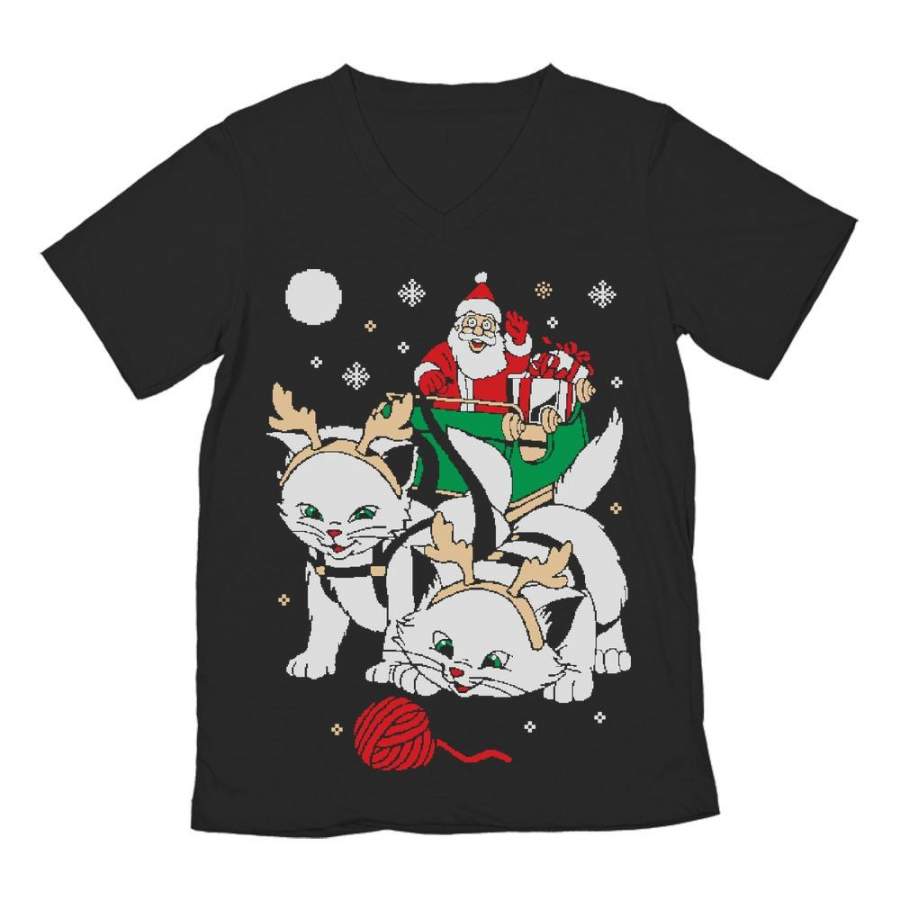 Cats Santa Ride Kittens Ugly Christmas V-Neck T-Shirt