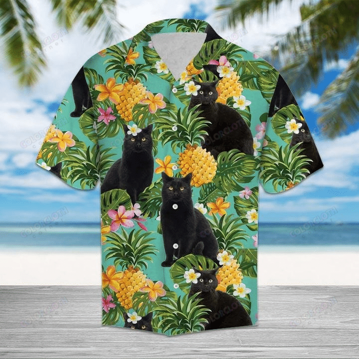 TROPICAL PINEAPPLE BLACK CAT HAWAIIAN SHIRT TV081115