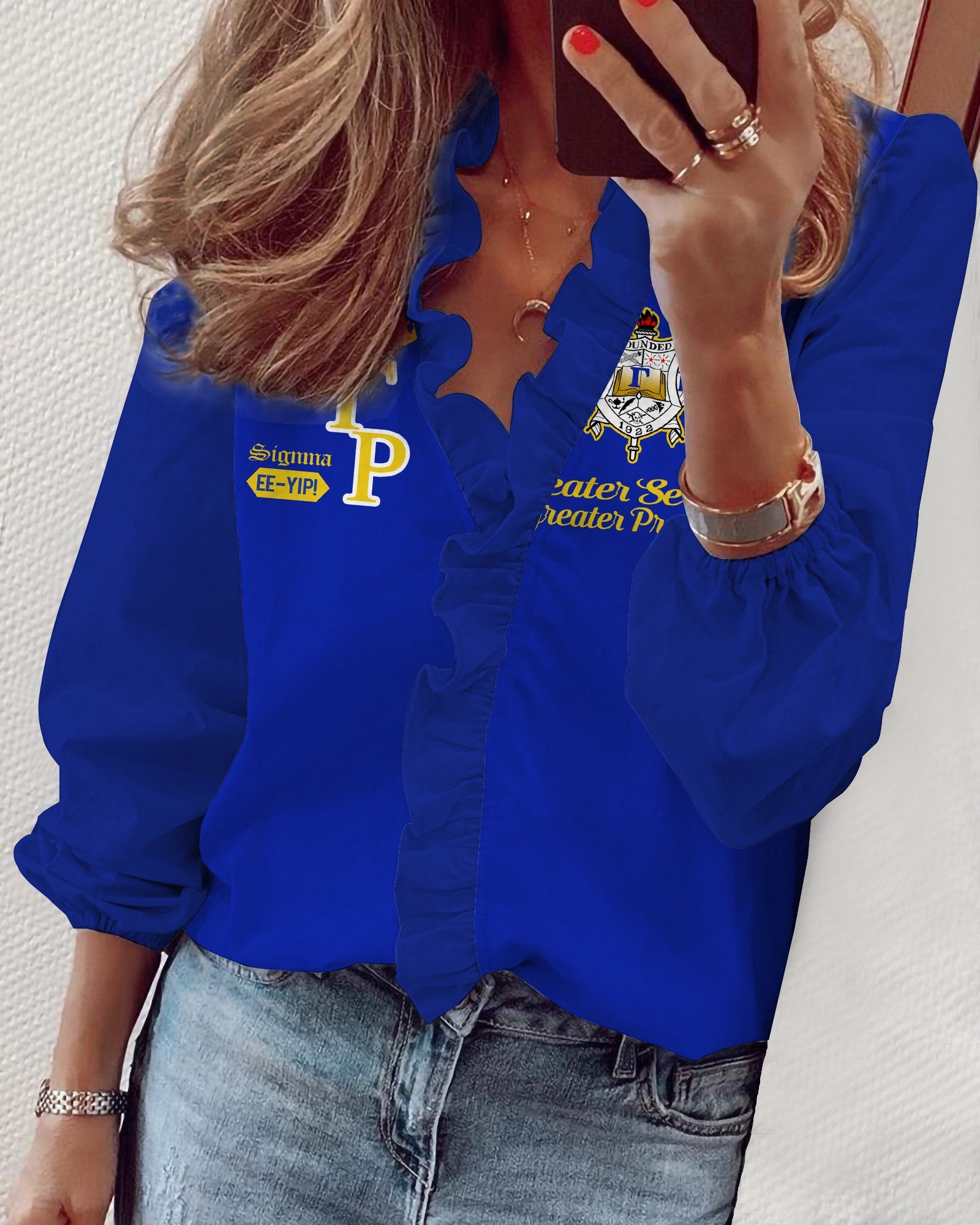 Sigma Gamma Rho V-Neck Long Sleeve Lace Shirt 01