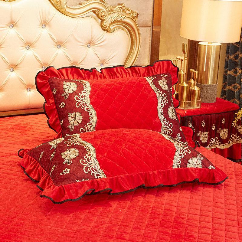 2pcs Crystal Velvet Quilted Cotton Lace Pillow Case Cover Rectangle Home Decor Pillow Sham Winter Warm 48x74cm