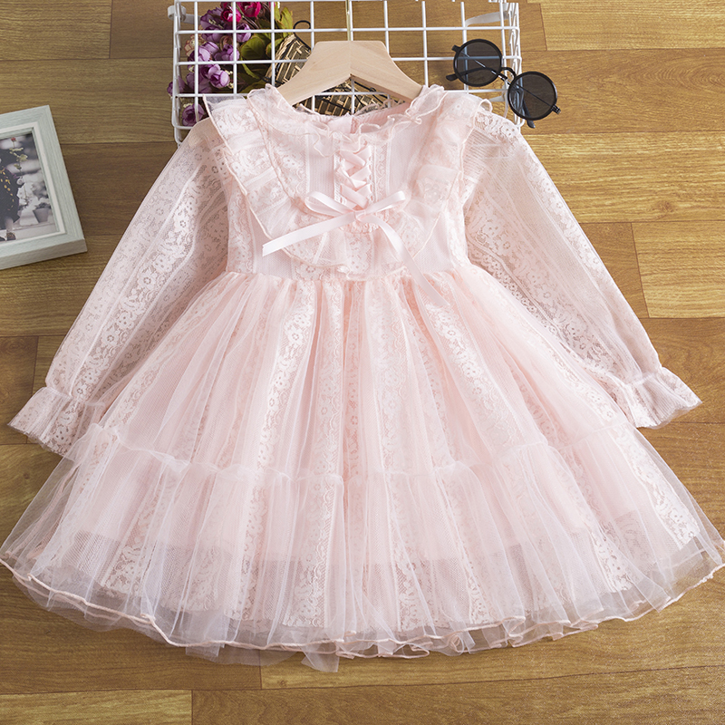 Spring Little Girls Flower Lace Princess Dress Party Dresses Children Holiday Mesh Tutu Dress Kids Long Sleeve Casual Clothing alx