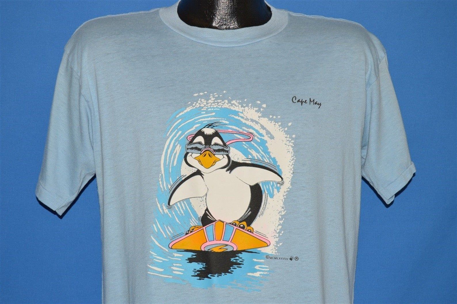 80S Cape May New Penguin Surfing Iron On T-Shirt