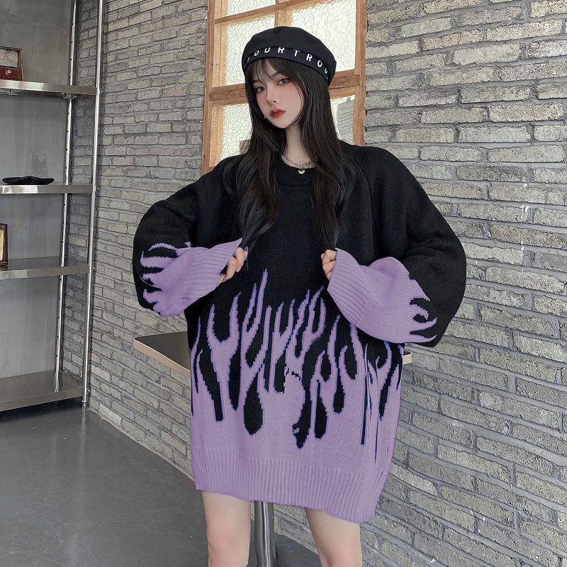 Autumn Women Oversize Sweater Harajuku Flame Knitted Couple Pullover Winter Hip Hop O-neck Loose Jacquard Men Sweatshirt Sweater alx