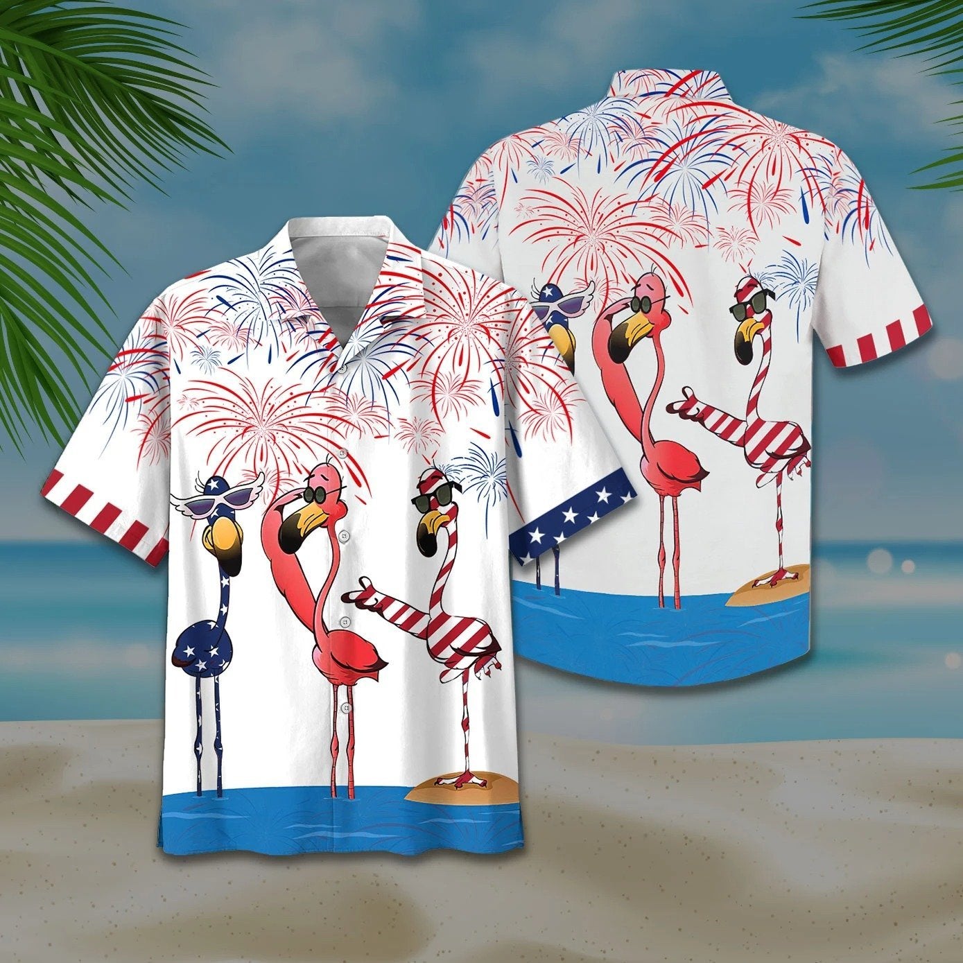 Flamingo American Flag Firework Hawaii Unisex Print Aloha Short Sleeve Casual Shirt Ha22250