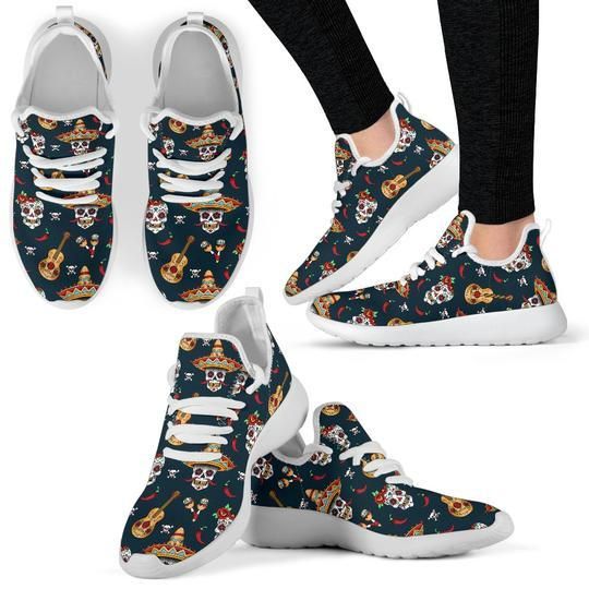 Sugar Skull Mexican Mesh Knit Sneakers Shoes For Women, Men