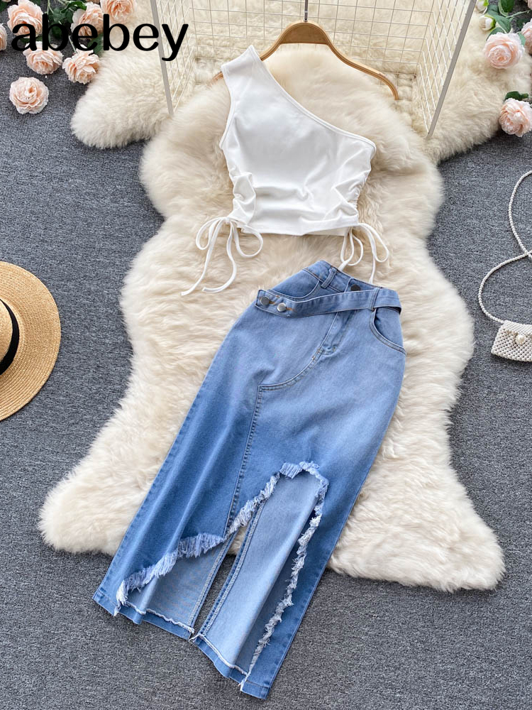 Summer Women Two 2 Piece Set Sexy One Shoulder Crop Top+High Waist Button-up Denim Skirts Korean Office Lady Sleeveless Suits alx