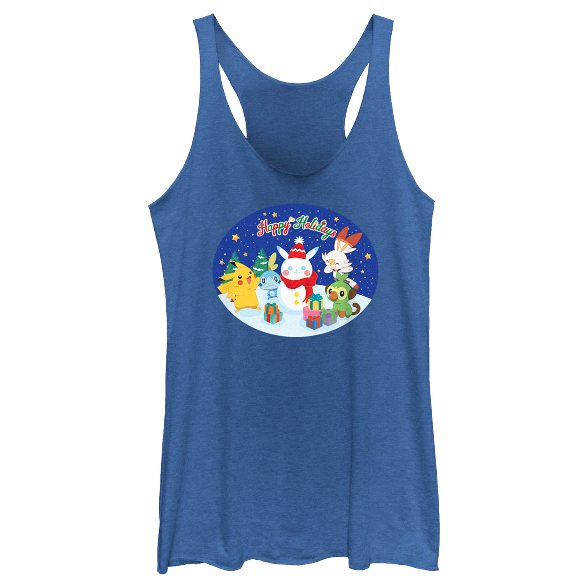 Women’S Pokemon Happy Holidays Snowman Pikachu Racerback Tank Top