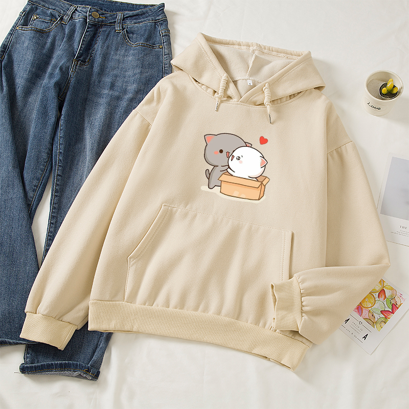 Cartoon Hoodie Kpop Style Cotton Long Sleeve Casual Female Pullovers Cute Cat Graphic Print Women Hoodies Sweatshirts alx