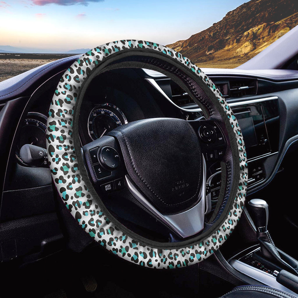 White And Teal Leopard Print Car Steering Wheel Cover