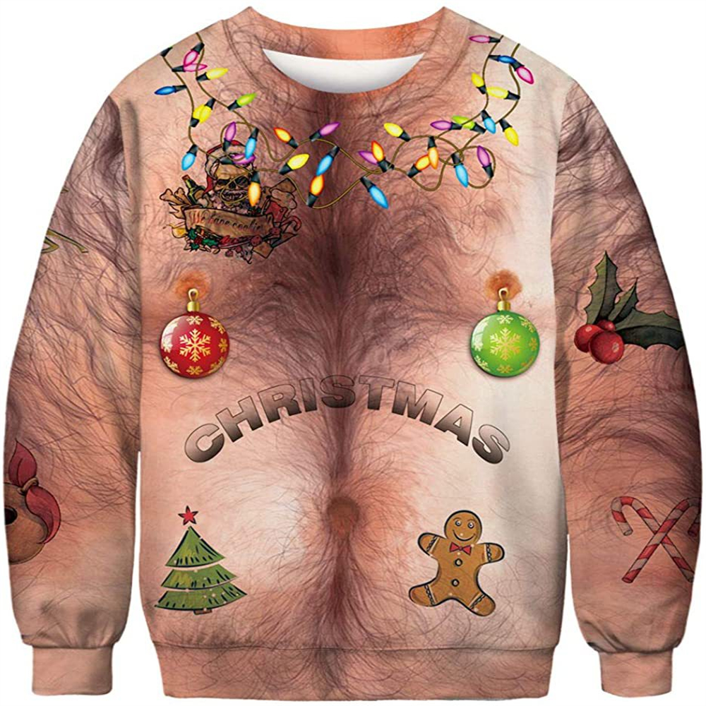 2022 New Christmas Round Neck Sweater Funny Chest Hair 3D Printing Ugly Christmas Dress Men’s Women’s Hoodless Sweater alx