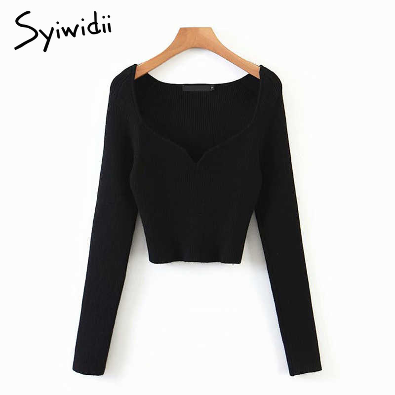 Syiwidii Cropped Sweater Vintage Square Collar Long Sleeve Fall 2021 Knitted Tops Sexy Ladies Pullovers Blue Black Purple White alx