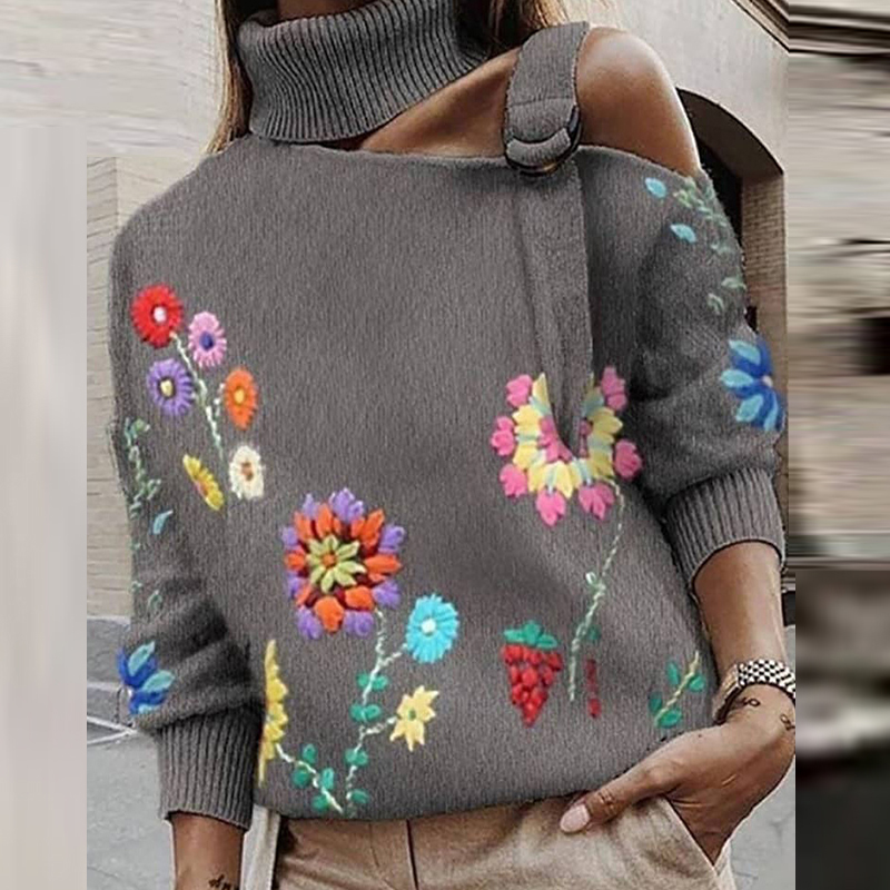 Women Turtleneck Hollow Off Shoulder Long Sleeve Knitted Pullover Embroidered Printing Loose Sweater Tops Autumn Vintage Sweater alx