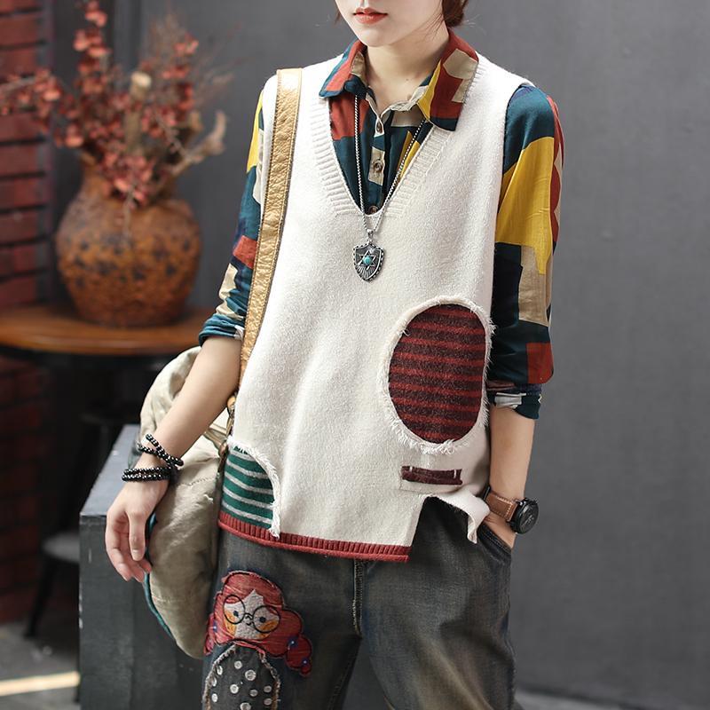 Autumn And Winter Fashion New Loose Knit Vest Sleeveless Color Matching V-neck Pullover Sweater Women’s Wild Casual alx