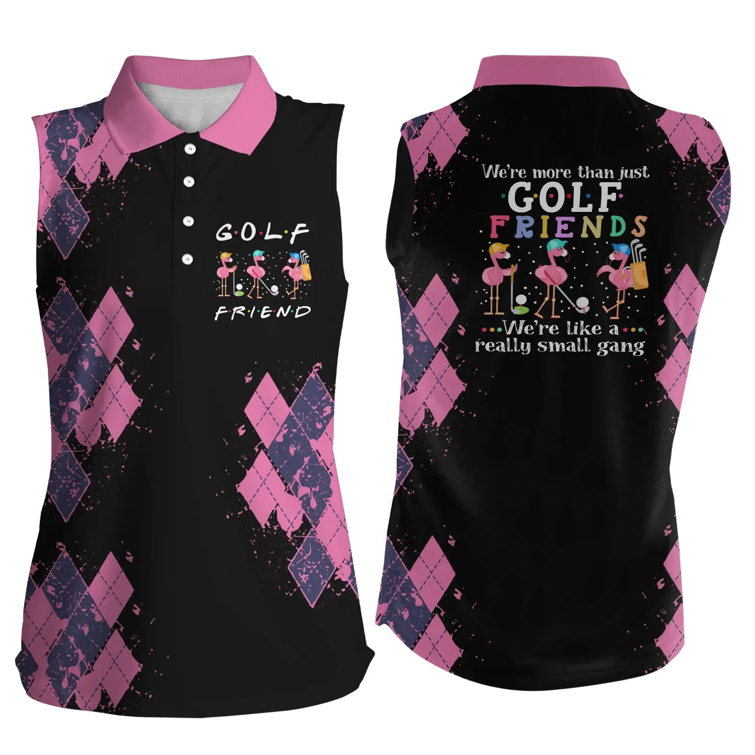 Women’S Sleeveless Golf Polo Shirt, We’Re More Than Just Golf Friends Flamingo Funny Shirt