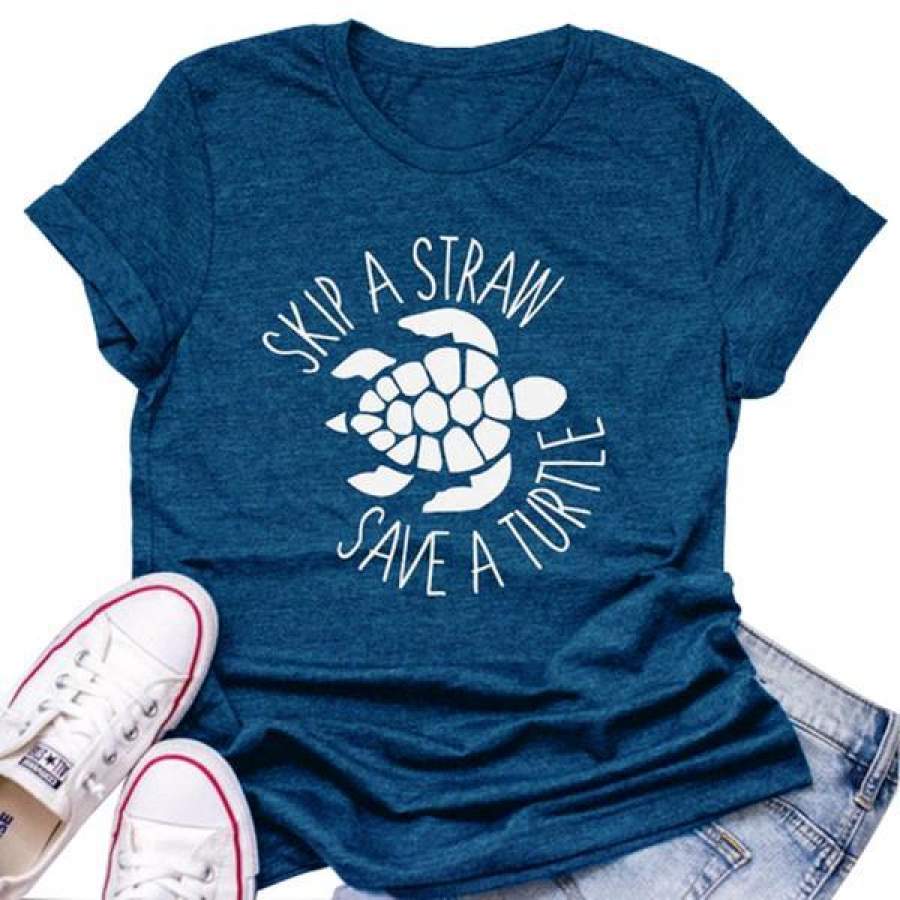 Skip A Straw Save A Turtle T-Shirt Tortoise Graphic Ocean Environmental Protection Tee Tops