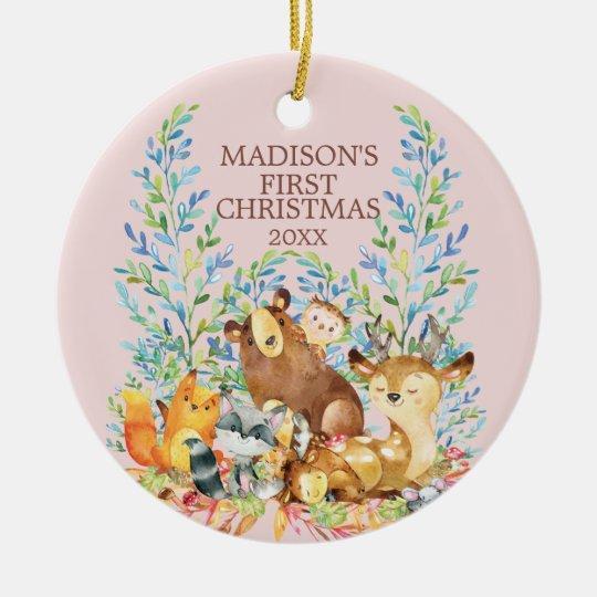 Woodland Animals Baby’s First Christmas Ceramic Circle Ornament 1 – 2 Sided