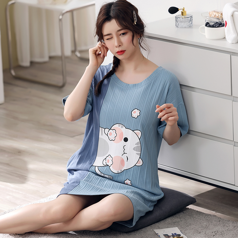 Summer Cotton Women Nightgown Cartoon Ladies Sleepwear Girls Gift Short Sleeve Round Neck M-3XL Femme Sexy Nightdress alx