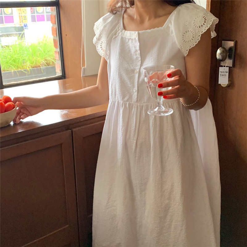 Square Collar Summer Nightgown Women Loose Long Midi Sleep Dress Elegant Casual Cotton Sleepwear Oversized Korean Short Sleeve alx