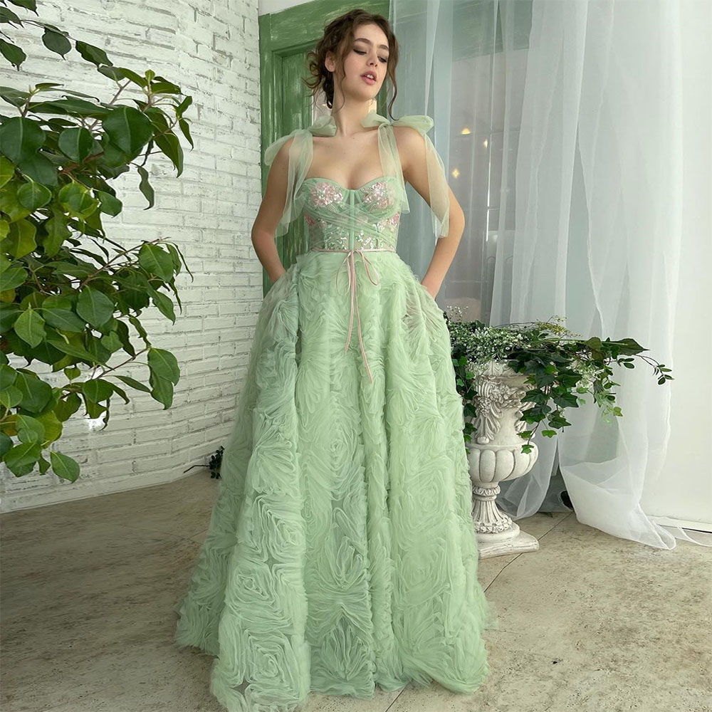 Xijun Gorgeous Green Long Tiered Ruffles Prom Dresses Embroidery Lace Appliques Beading Bow Straps Evening Dress with Pockets alx