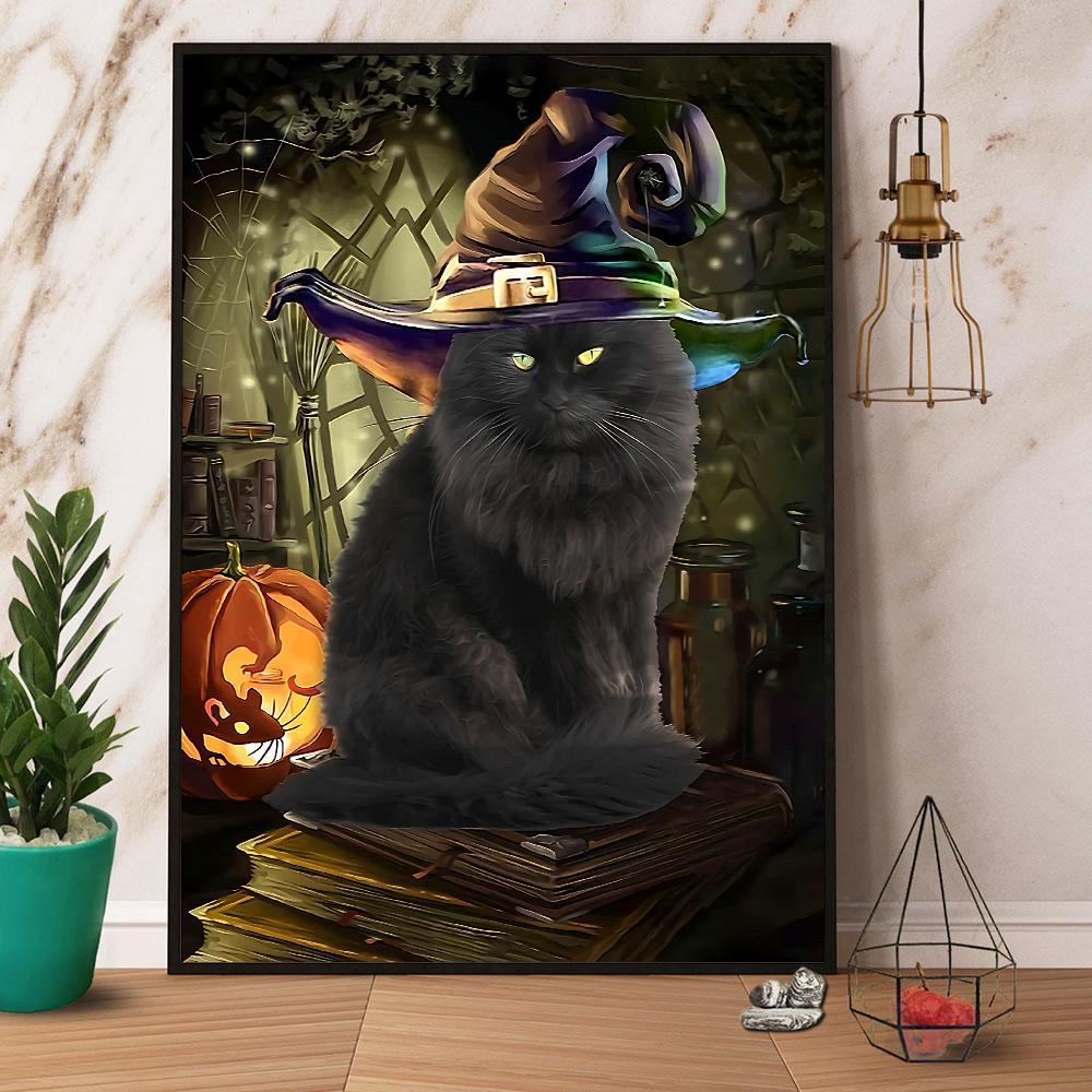 Black Cat Witch Pumpkin Halloween Gift Paper Poster No Frame  Matte Canvas Wall Decor