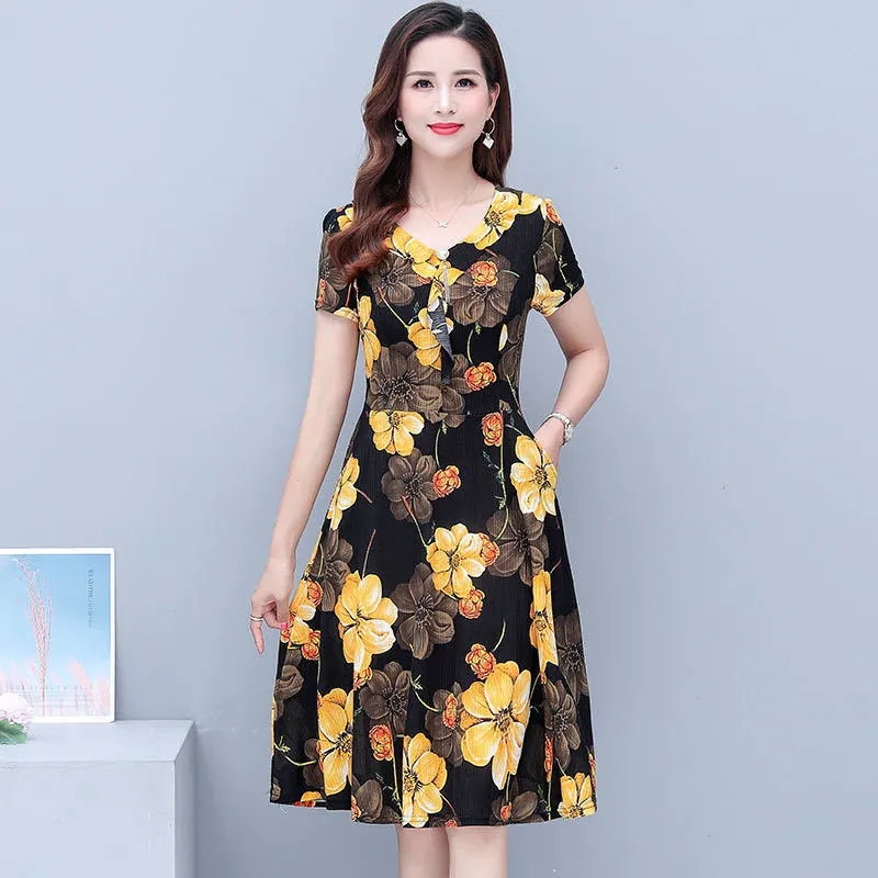 5Xl 4Xl Plus Size Casual Print Dress Women Summer Fashion Short Sleeve A-Line Dresses Korean Knee Length Stretchy Vestidos Mujer alx