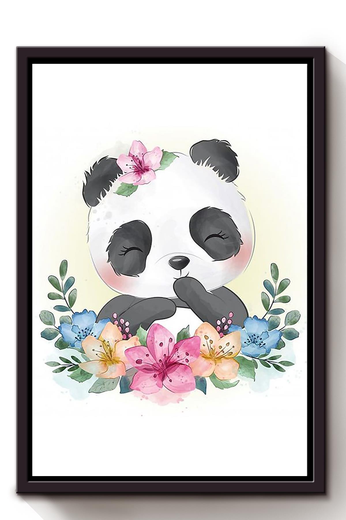 Baby Panda Smiling Watercolor Flower Wall Art Gift For Chinese Friend Home Decor Housewarming Framed Canvas