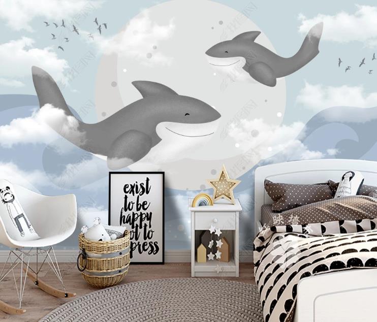 3D Northern Europe Hand-Painted Clouds Sky Whale Wall Mural Wallpaper Sww1488