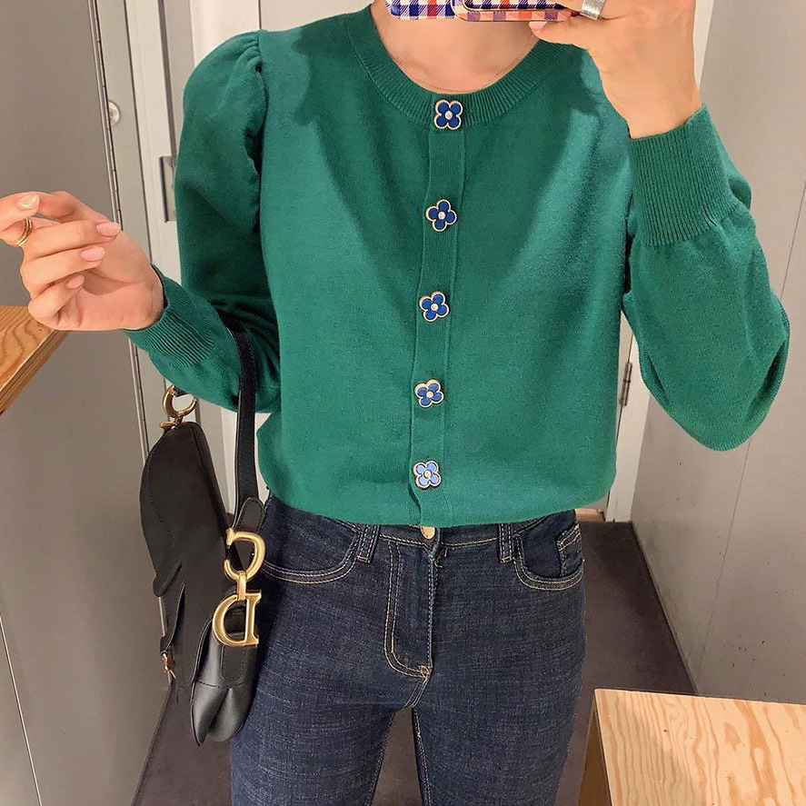 Chic Button Puff Sleeve Knitted Sweater Korean Style women Pullover Femme Longue Tricot Crop Autumn Harajuku Black Jumper Green alx