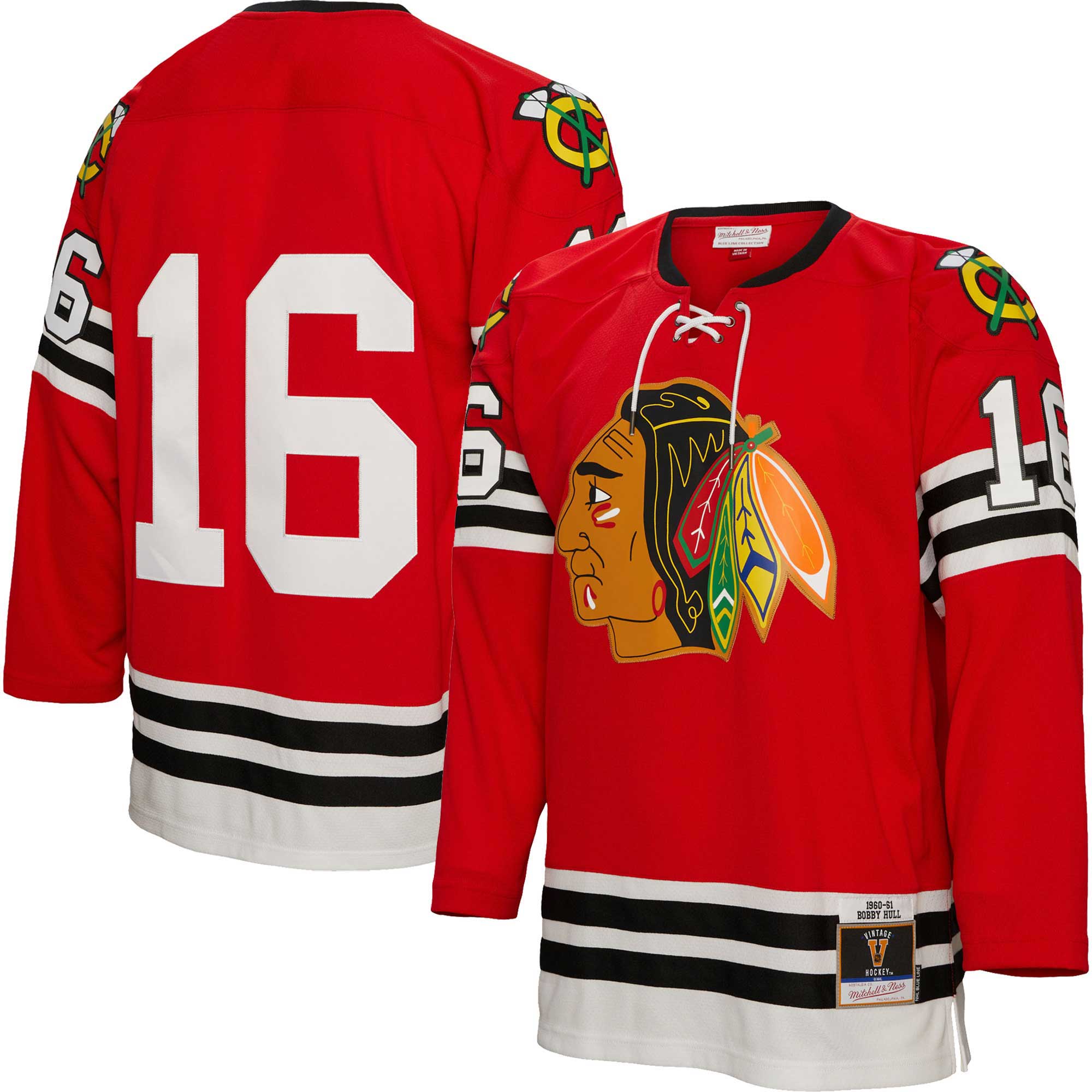 Men's Chicago Blackhawks Bobby Hull Mitchell & Ness Red 1960/61 Blue Line Player Jersey