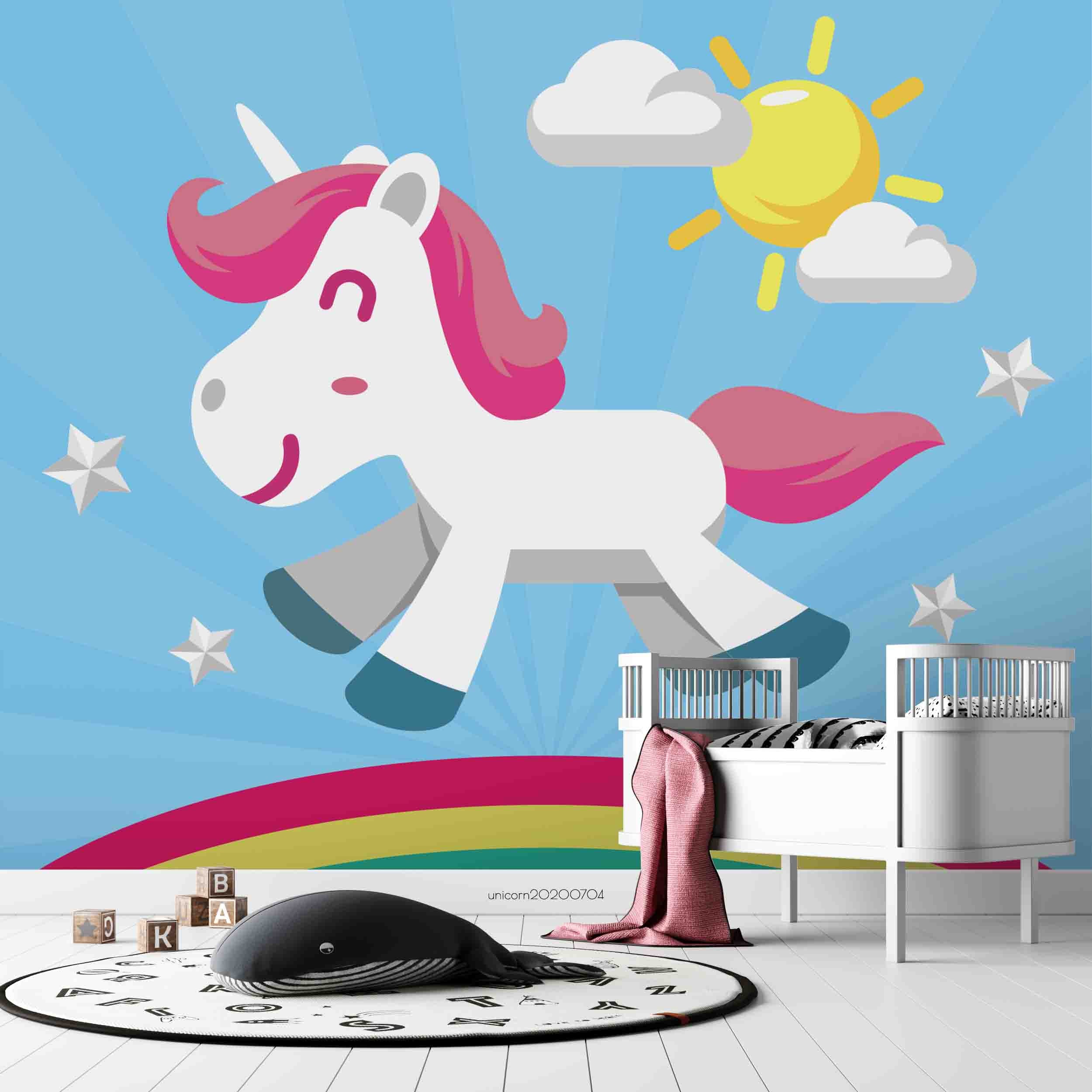 3D Cartoon Blue Sky Sun Cloud Unicorn Wall Mural Wallpaper A005 Lqh