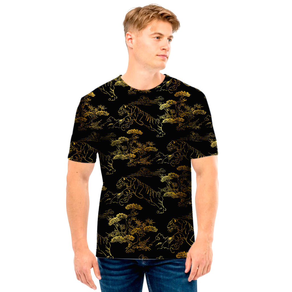 Black And Gold Japanese Tiger Print Men’S T-Shirt