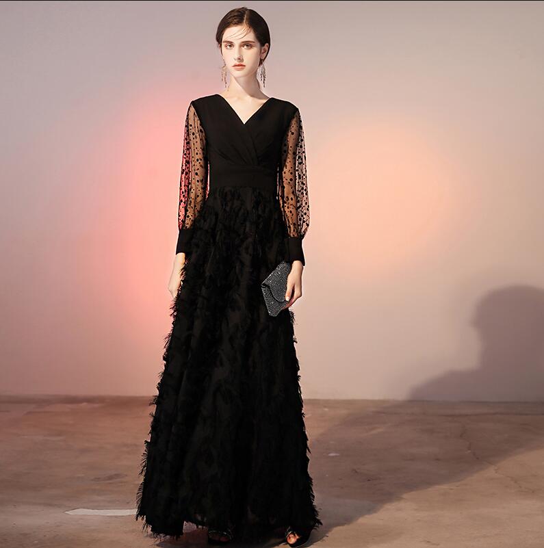 wei yin AE0268 Black Long Evening Dress 2022 Elegant Long Sleeve Lace Formal Dresses Fashion V-neck Women Party Gown alx