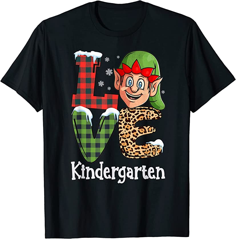 2021 Christmas Love Kindergarten Teacher Leopard Santa Elf T-Shirt