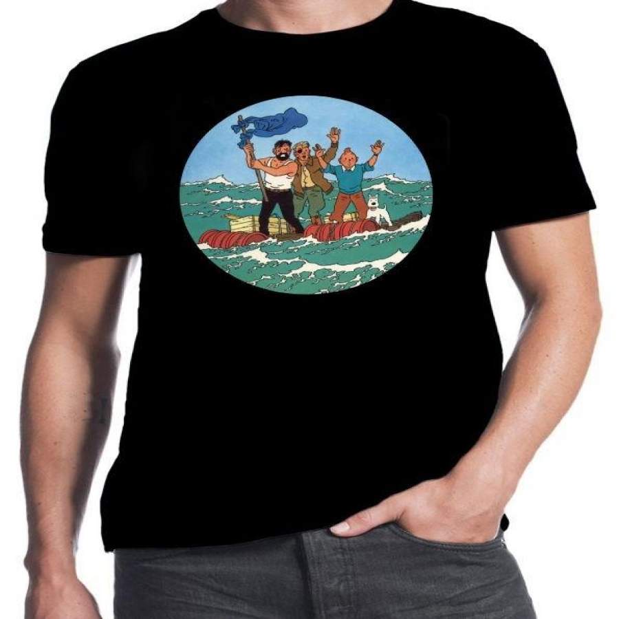 Tintin And Red Sea Sharks Classic Retro Adventure Funny Black T-Shirt