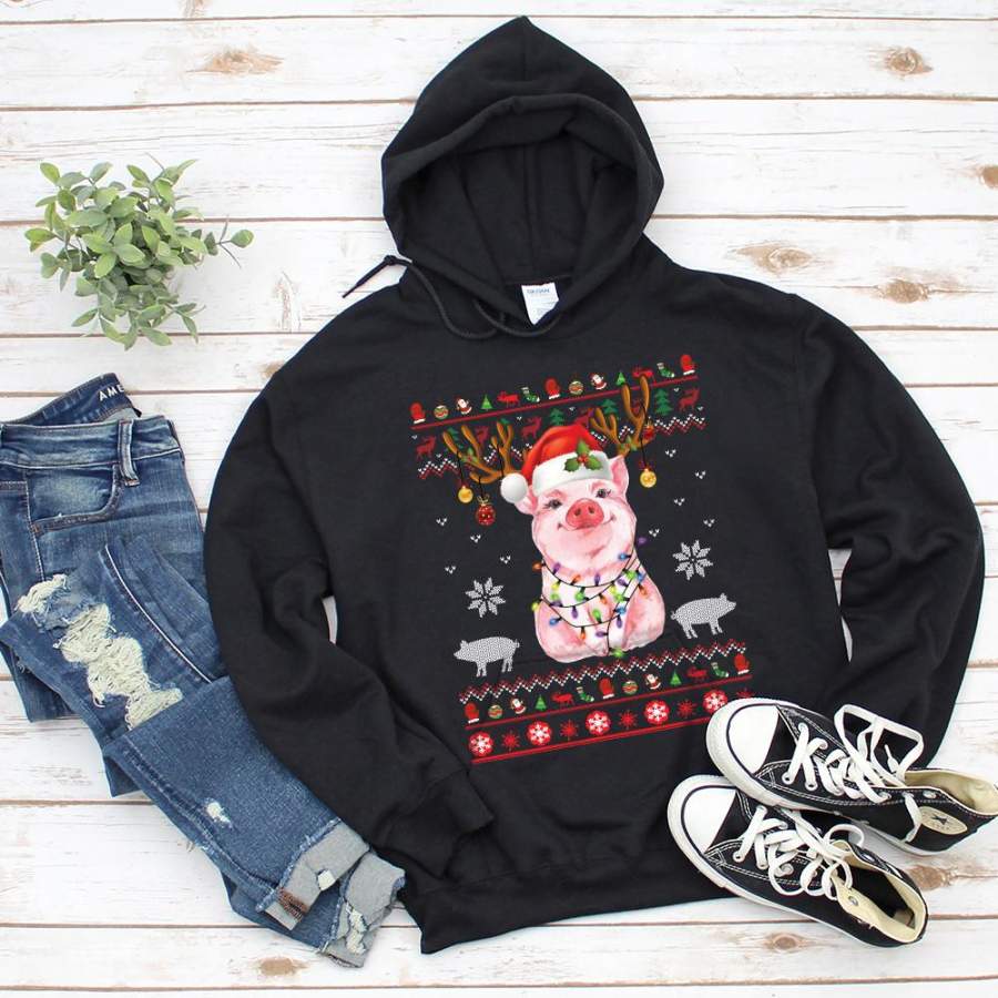Pig reindeer christmas santa xmas light ornament cute pig black hoodie for men and women S-5XL