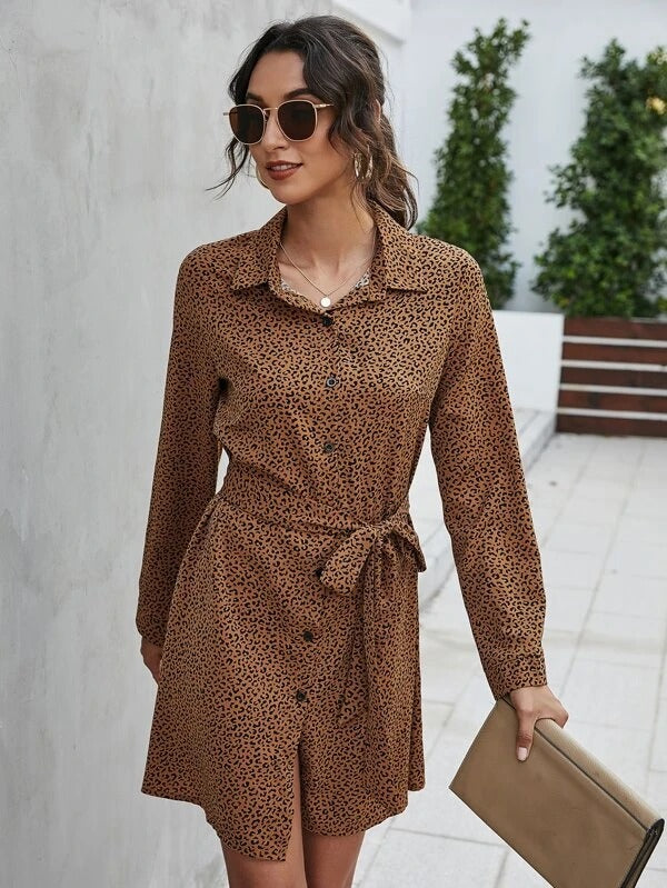 Women Leopard Self Tie Shirt Dress