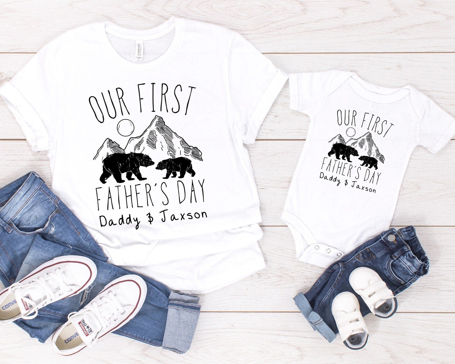 Personalized Matching T-Shirt & Baby Onesie Our First Father’S Day Old & Baby Bear Custom Name Daddy & Baby Set
