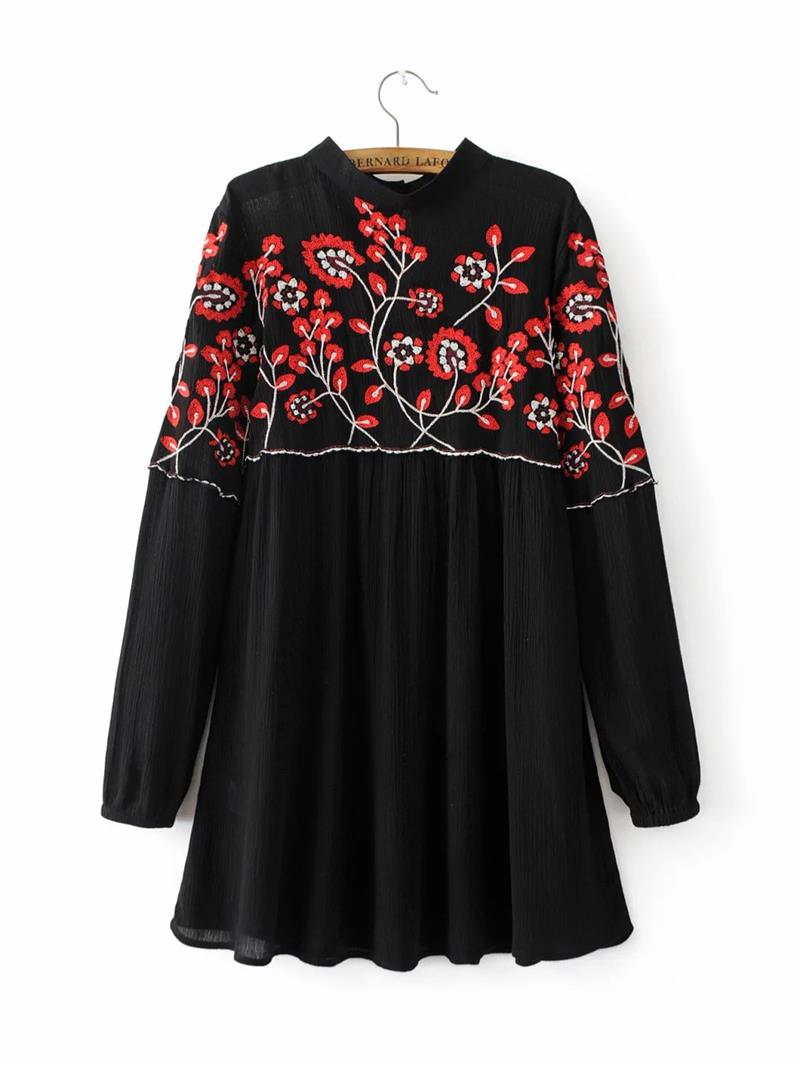 2021 Vintage Floral Embroidery Dress Stand Collar Long Sleeve Women Mini Pleated Chiffon Dresses Black Brand Vestidos alx