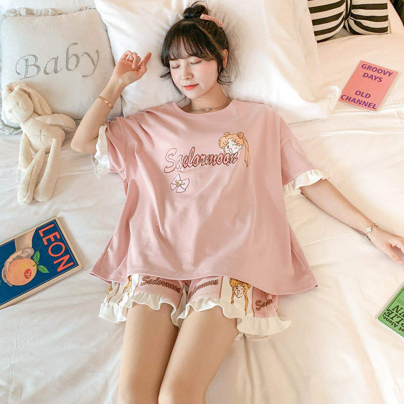 Women’s set 2 pieces suit pajamas anime cute kawaii summer shorts short sleeve home Nightgowns thin Sleepwear plus size lingere alx